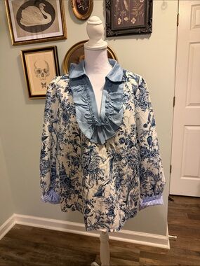 SHEIN Blue & White Floral Ruffle-Collar Blazer Jacket